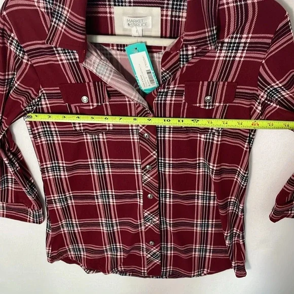 Market & Spruce Perrina Button Down Knit Top 3/4 Burgundy Plaid Women Size Small - Picture 5 of 11